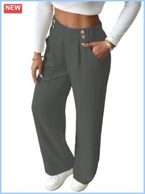 Plus Size Wide Leg High Waisted Work Pants with Pockets